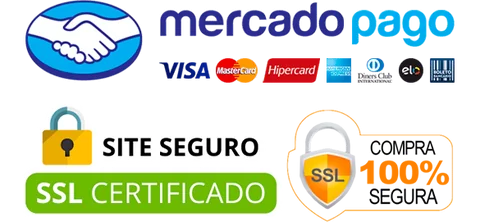 Pagamento pelo Mercado Pago com cartões Visa, Mastercard, Hipercard, Diners Club e Elo. Site seguro com certificado SSL. Compra 100% segura.